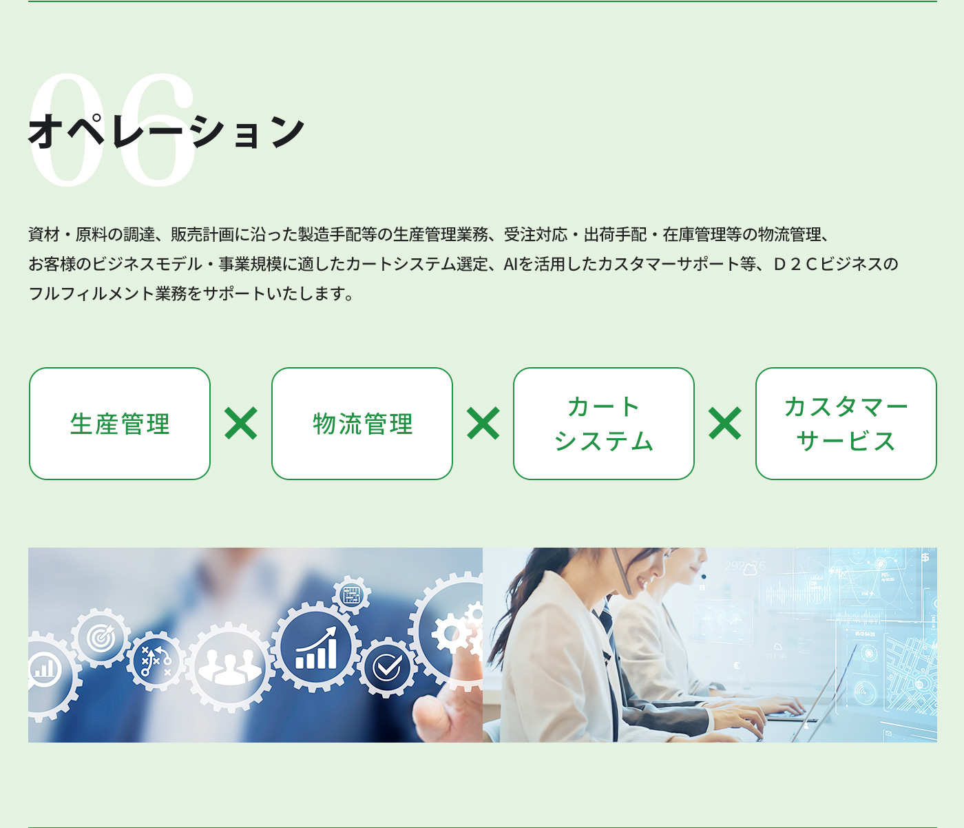 オペレーションサポート、生産管理、物流管理、カートシステム、カスタマーサービス